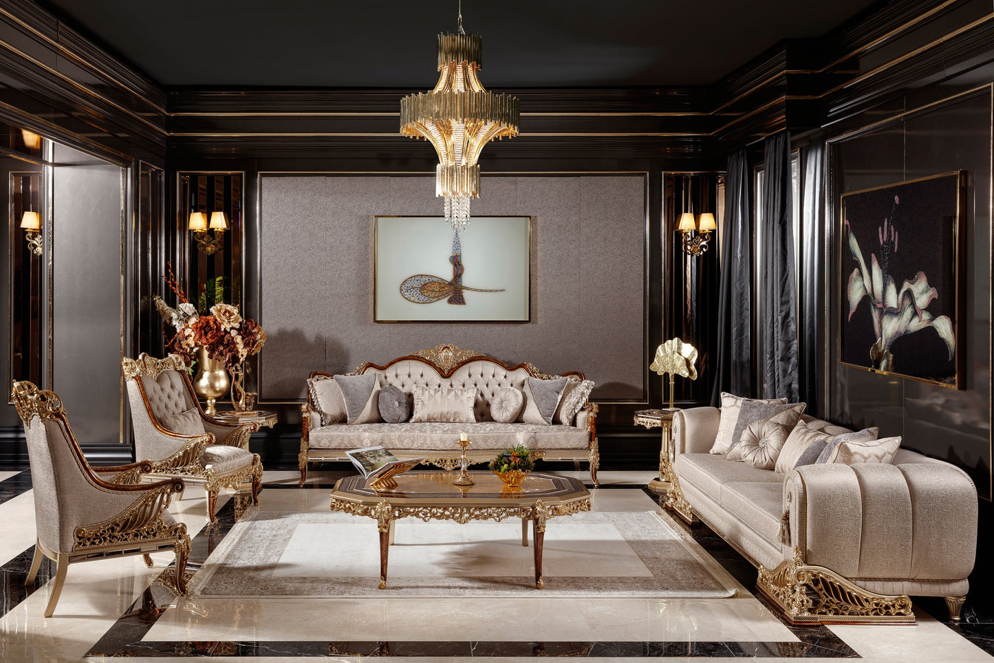 Denvira Beige-Gold Sofa Set