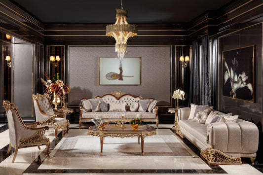 Denvira Beige-Gold Sofa Set