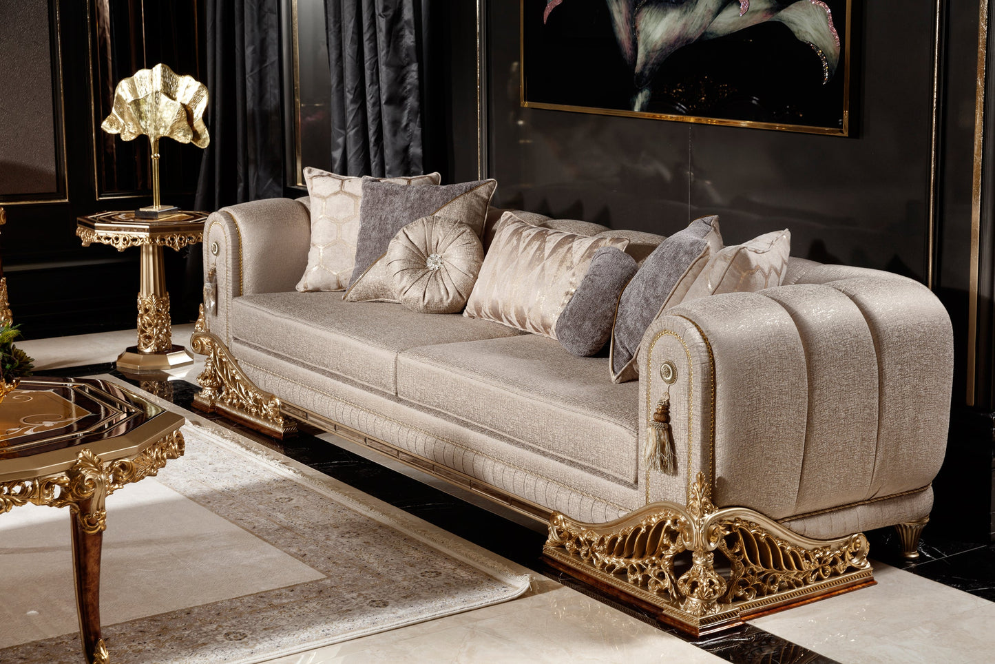 Denvira Beige-Gold Sofa Set