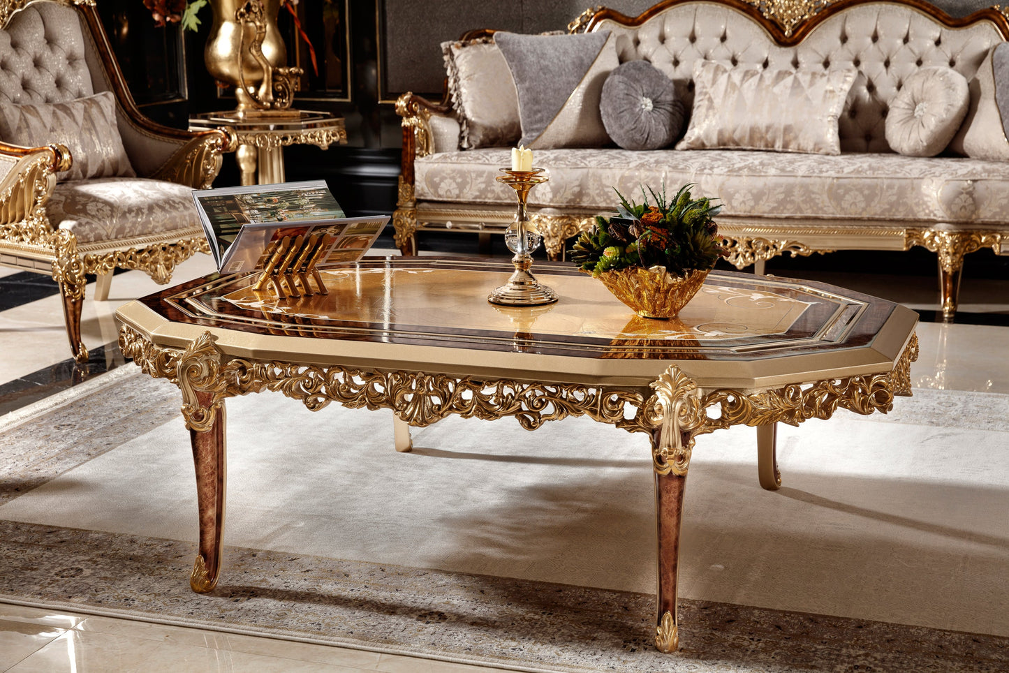 Denvira Beige-Gold Sofa Set
