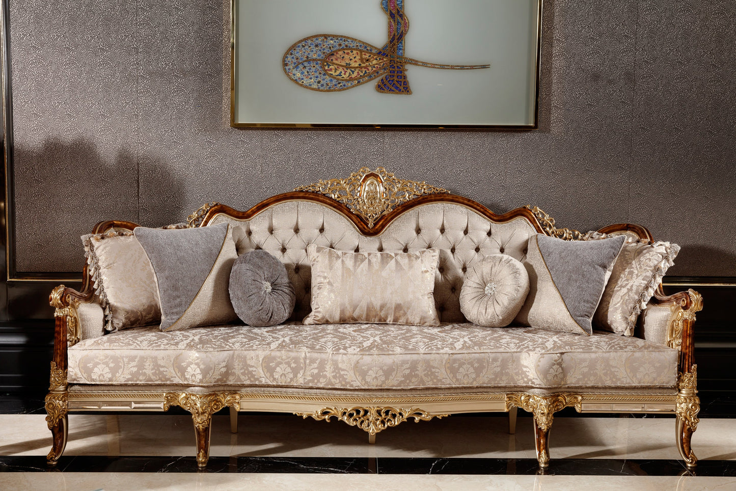 Denvira Beige-Gold Sofa Set