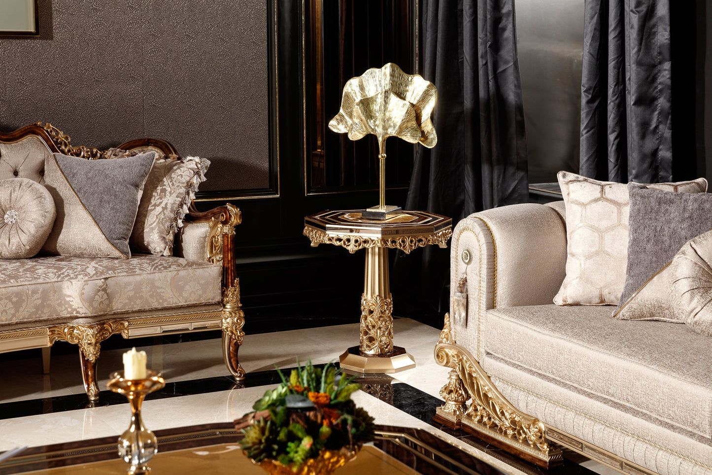 Denvira Beige-Gold Sofa Set
