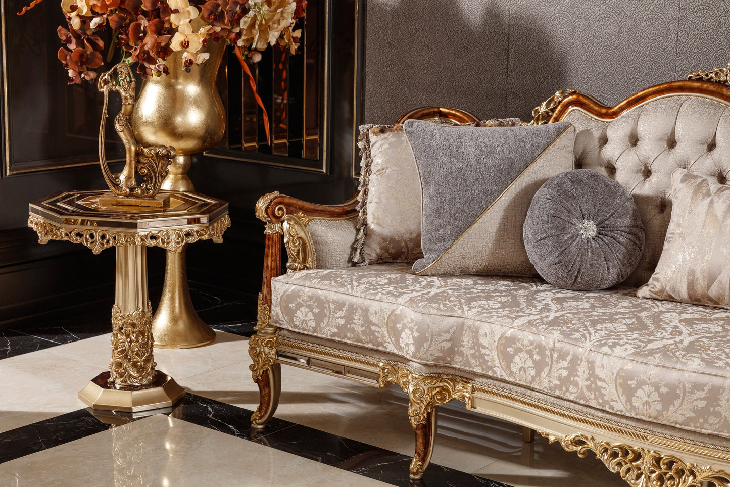 Denvira Beige-Gold Sofa Set