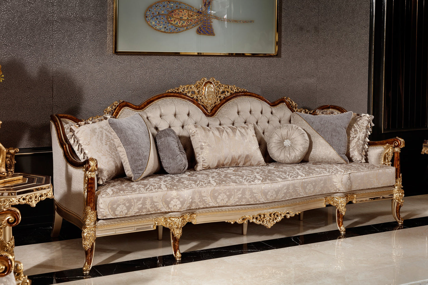 Denvira Beige-Gold Sofa Set