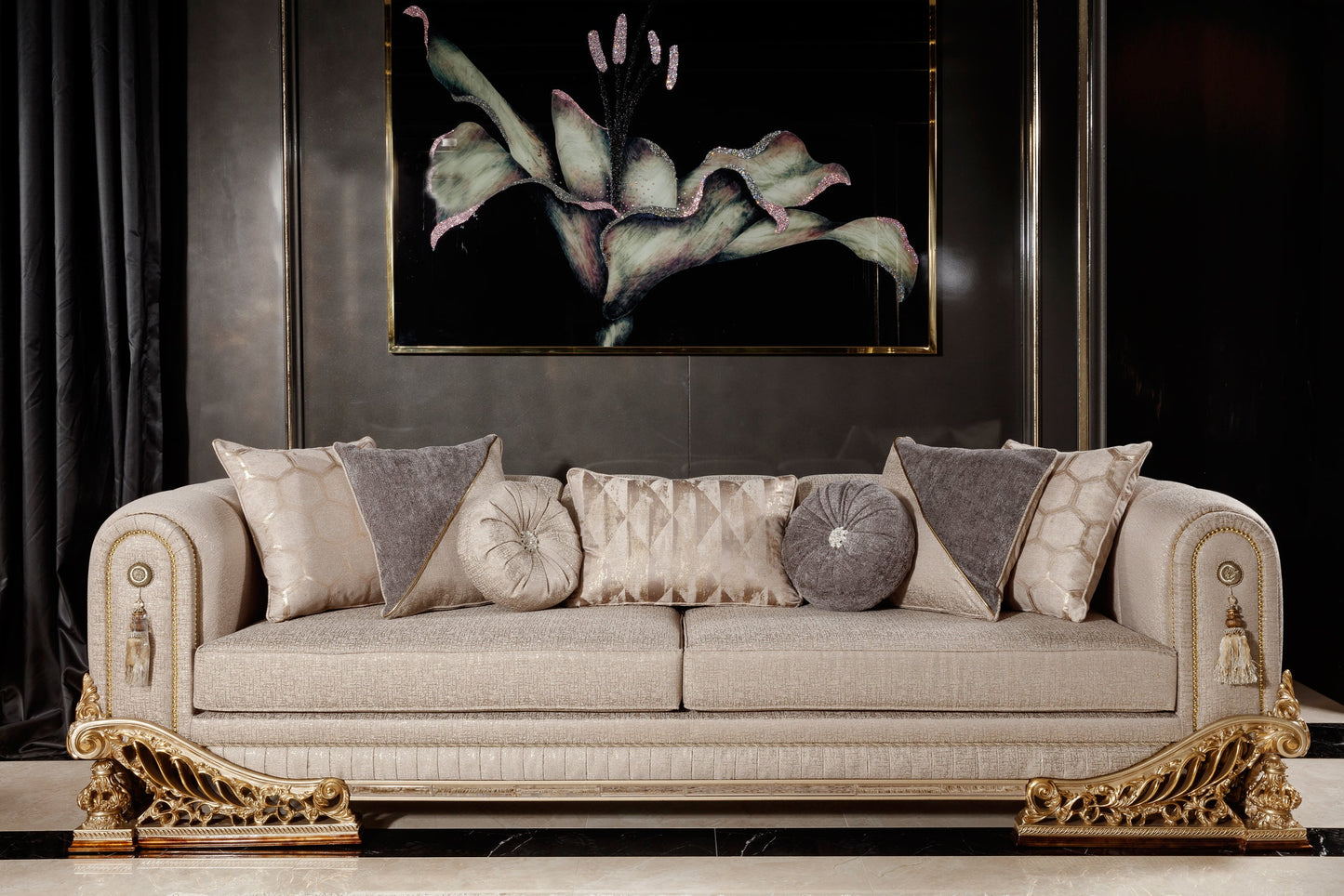 Denvira Beige-Gold Sofa Set