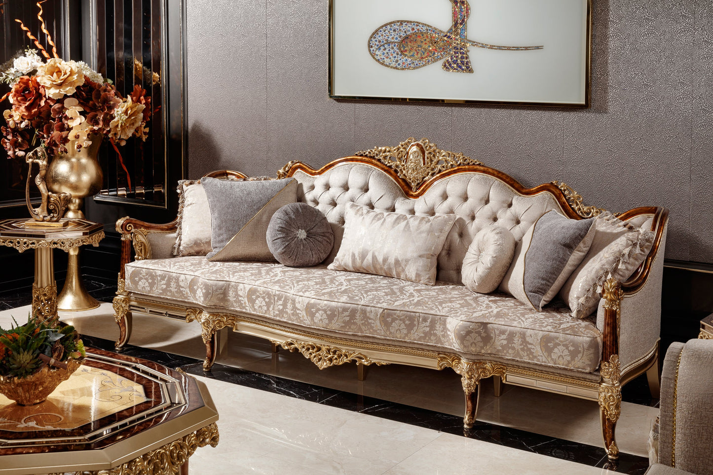Denvira Beige-Gold Sofa Set