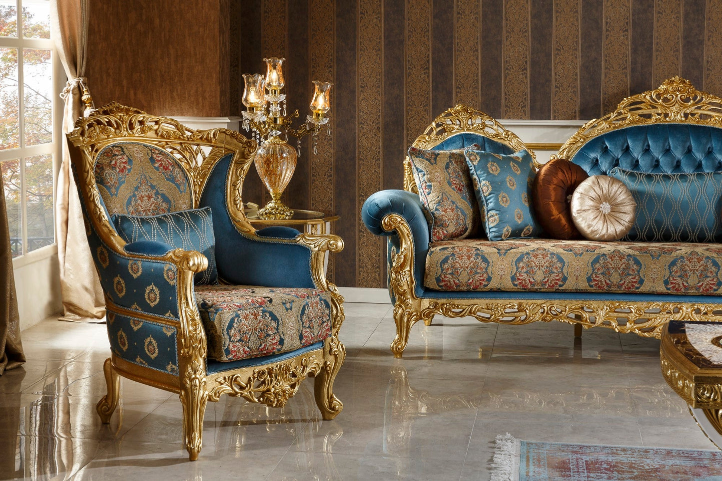Eclessia Blue-Gold Sofa Set